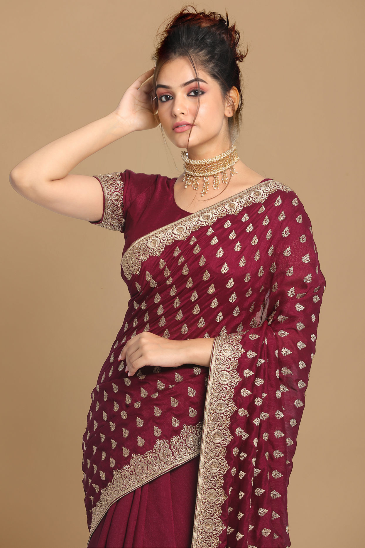 Royal Wine Embroidered Saree image number 1